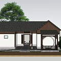 Traditional Chinese House Featuring Classic Tiled Roof Wooden Door Carved Windows and Green Plants