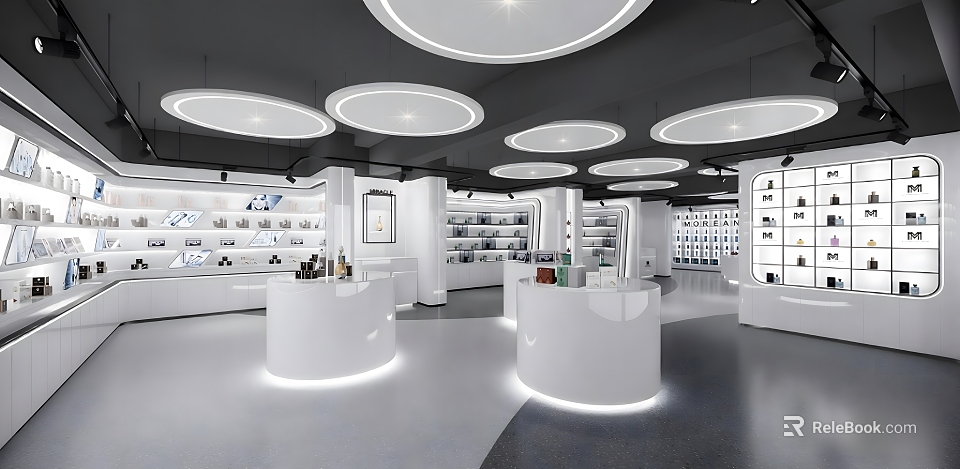 Modern Minimalist Retail Store Interior Design With White Display Counters Shelves And Circular Ceiling Lights 3d model 