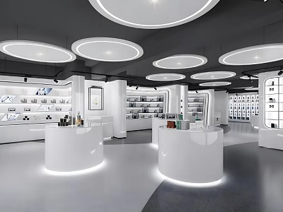 Modern Minimalist Retail Store Interior Design With White Display Counters Shelves And Circular Ceiling Lights 3d model