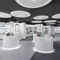 Modern Minimalist Retail Store Interior Design With White Display Counters Shelves And Circular Ceiling Lights