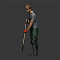 A Man Holding Shovel Wearing Gray T Shirt Green Pants And Red Gloves