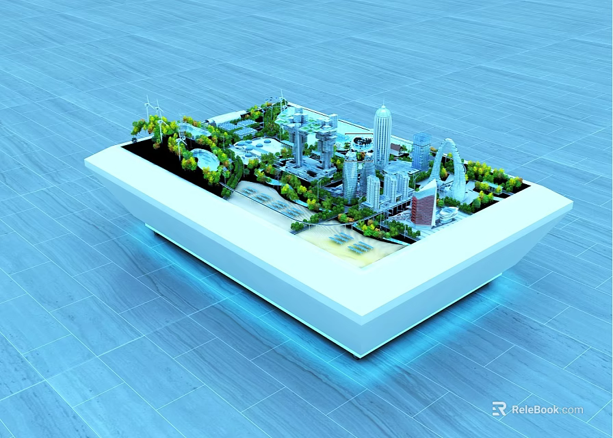 Modern Commercial Display Equipment With City Model High Rise Buildings Green Plants And Blue Lighting 3d model 