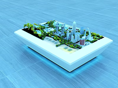 Modern Commercial Display Equipment With City Model High Rise Buildings Green Plants And Blue Lighting 3d model