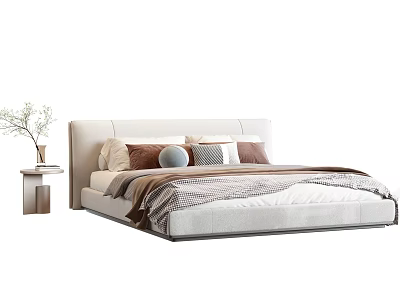 Modern White Double Bed With Colorful Pillows Plaid Blanket And Nightstand With Vase 3d model