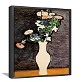 Botanical Painting with Transparent Vase and Pink Blue Flowers on Dark Background