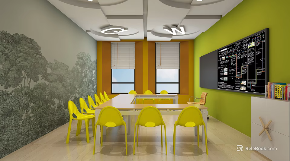 School Classroom Interior With Yellow Chairs White Table Green Walls And Blackboard 3d model 