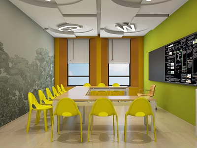 School Classroom Interior With Yellow Chairs White Table Green Walls And Blackboard 3d model