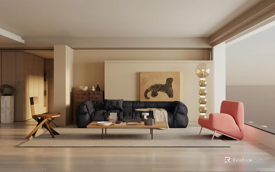 Modern Living and Dining Area Interior With Dark Sofa Pink Armchair Wooden Coffee Table And Floor Lamp 3d model 