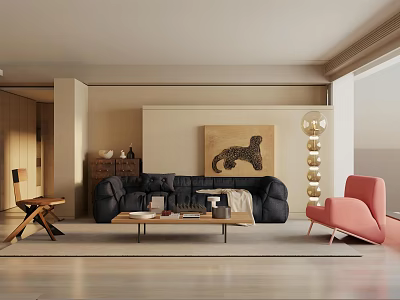 Modern Living and Dining Area Interior With Dark Sofa Pink Armchair Wooden Coffee Table And Floor Lamp 3d model