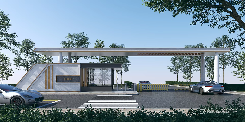 Modern Entrance Gate With Canopy Trees Road And Vehicles 3d model 