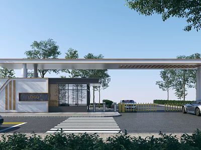 Modern Entrance Gate With Canopy Trees Road And Vehicles 3d model