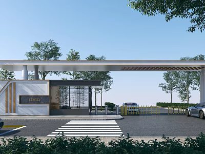 Modern Entrance Gate With Canopy Trees Road And Vehicles 3d model