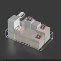 Various Styles of Shoes Neatly Displayed on Cubic Platforms of Different Heights