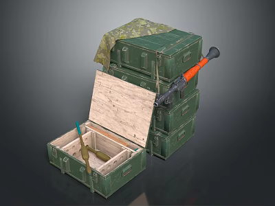 Green Military Crates Stacked With Open Box Camouflage Cloth And Rifle 3d model