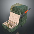 Green Military Crates Stacked With Open Box Camouflage Cloth And Rifle