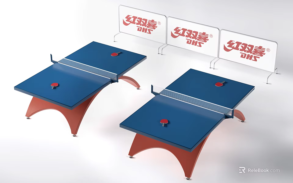 Table Tennis Room With Blue Tables Red Legs And DHS Brand Backboards 3d model 