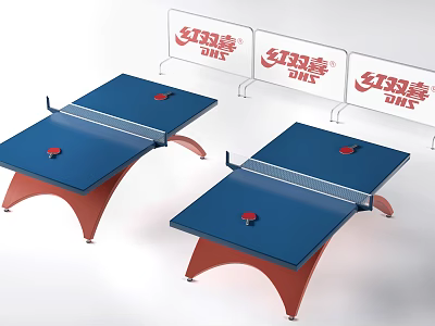 Table Tennis Room With Blue Tables Red Legs And DHS Brand Backboards 3d model
