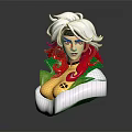 Anime Character Bust with White and Red Hair Yellow Top Green Collar and X Symbol