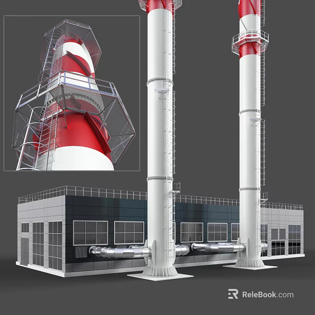Industrial Factory Building With Red And White Chimneys Tall Structures And Metal Platforms 3d model 