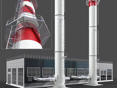 Industrial Factory Building With Red And White Chimneys Tall Structures And Metal Platforms 3d model
