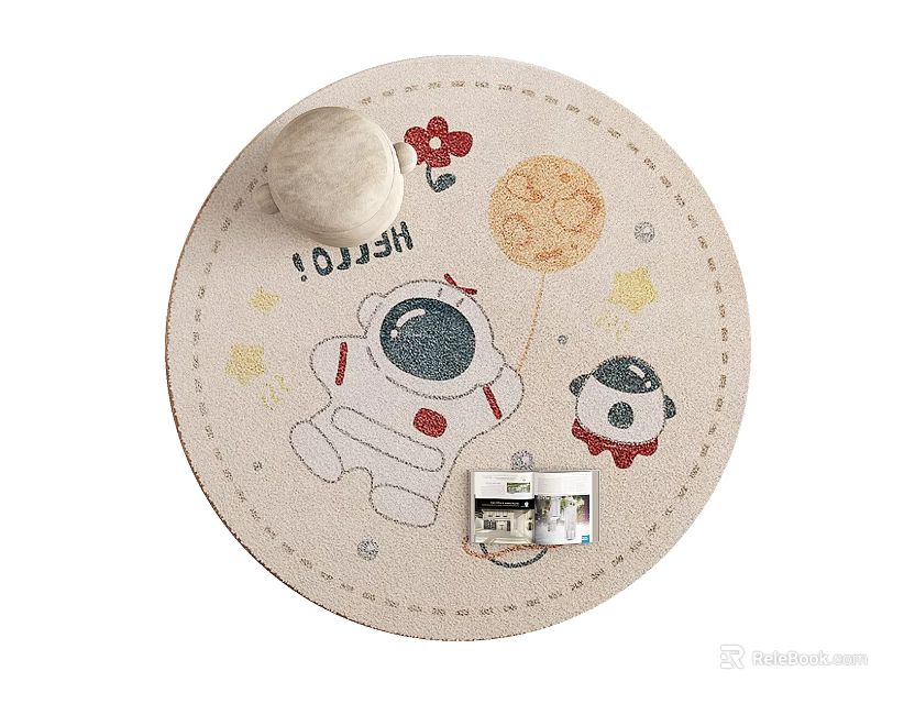 Round Rug with Astronaut Rocket Flower Moon Stars Hello Text Kids Room Cartoon Decoration 3d model 