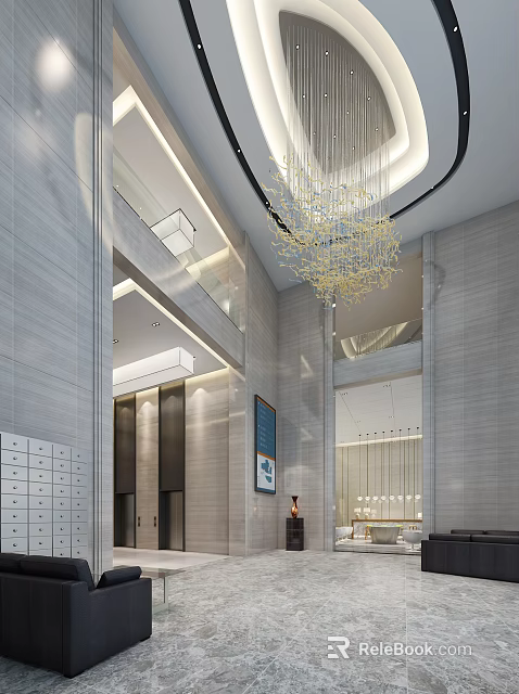 Modern Hotel Lobby With Large Chandelier Elevators Mailboxes High Ceiling And Stone Walls 3d model 