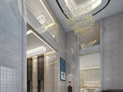 Modern Hotel Lobby With Large Chandelier Elevators Mailboxes High Ceiling And Stone Walls 3d model