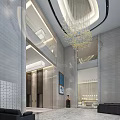 Modern Hotel Lobby With Large Chandelier Elevators Mailboxes High Ceiling And Stone Walls