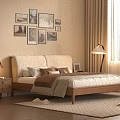 Bedroom With Wooden Bed White Bedding Brown Throw Side Tables Lamps Wall Art Curtains Sunlight