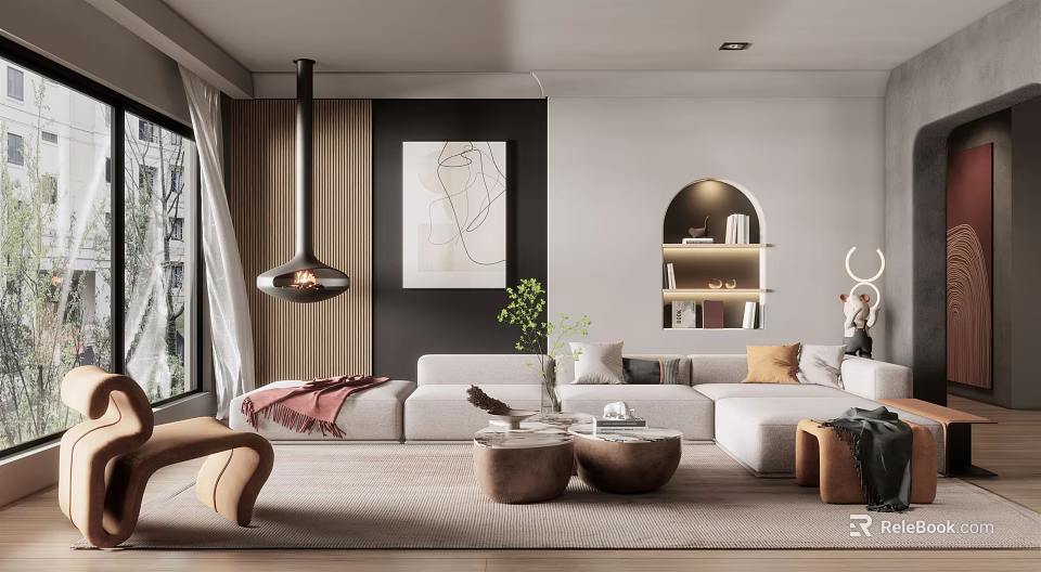 Modern Living Room Featuring Hanging Fireplace Abstract Painting Arched Bookshelf And White Sectional Sofa 3d model 