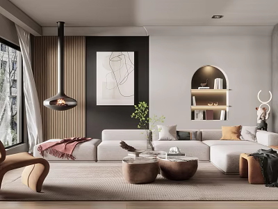 Modern Living Room Featuring Hanging Fireplace Abstract Painting Arched Bookshelf And White Sectional Sofa 3d model