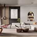 Modern Living Room Featuring Hanging Fireplace Abstract Painting Arched Bookshelf And White Sectional Sofa