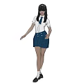 Young Woman in White Short Sleeve Blouse with Blue Tie and Blue Plaid Skirt