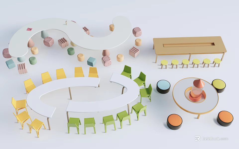 Colorful Kids Table with Matching Chairs and Building Blocks in Various Shapes 3d model 
