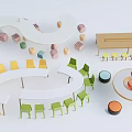 Colorful Kids Table with Matching Chairs and Building Blocks in Various Shapes