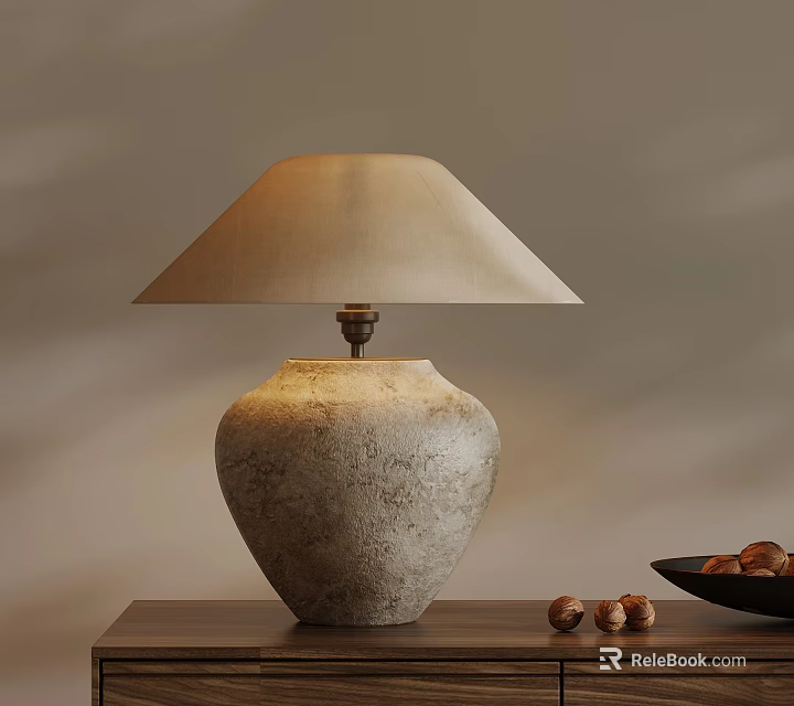 Textured Stone Base Table Lamp With Cream Fabric Shade On Wooden Table 3d model 