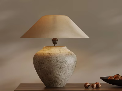 Textured Stone Base Table Lamp With Cream Fabric Shade On Wooden Table 3d model