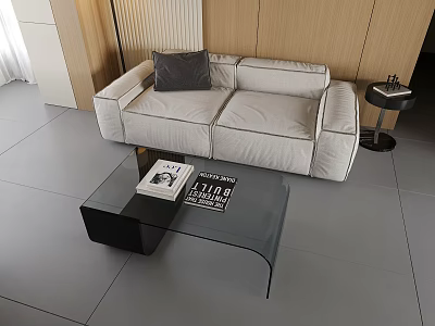 Light Sofa And Glass Top Coffee Table Set With Dark Pillow In Modern Living Room 3d model