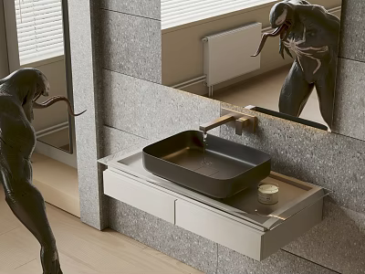 Modern Wall Mounted Washbasin Design With Black Square Basin Gray Stone Wall And Mirror 3d model