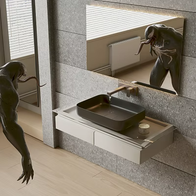 Modern Wall Mounted Washbasin Design With Black Square Basin Gray Stone Wall And Mirror 3d model