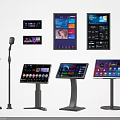Professional Microphones And Various Touchscreen Displays With Stands For Audio Multimedia Equipment