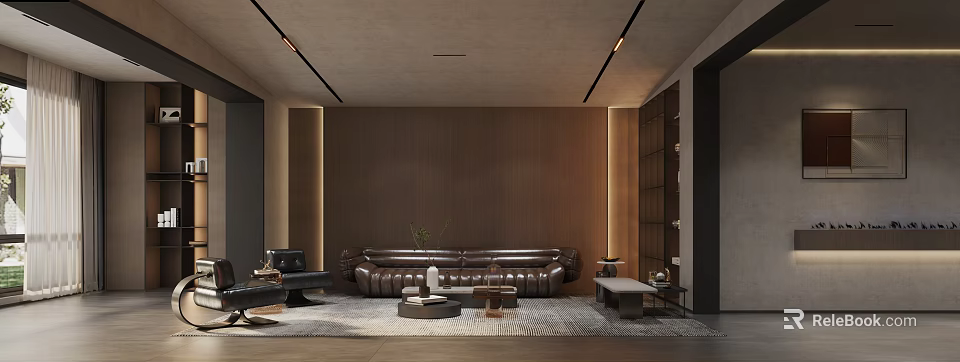 Modern Living and Dining Room Interior With Leather Sofa Wooden Wall And Coffee Table 3d model 