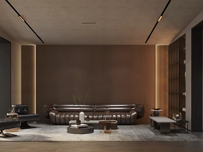 Modern Living and Dining Room Interior With Leather Sofa Wooden Wall And Coffee Table 3d model