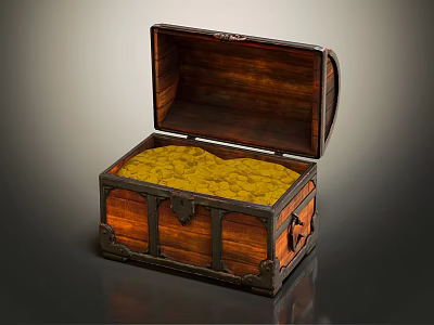 Open Vintage Wooden Chest Filled With Shiny Gold Coins And Metal Accents 3d model