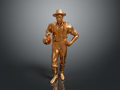 Golden Man Statue in Overalls Wearing Hat with One Hand on Hip Holding Container 3d model