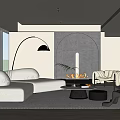 Modern Living Room Interior With White Sofa Black Floor Lamp Arched Gray Wall And Fireplace