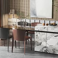 Modern Dining Table Set With Marble Side Cabinet Mixed Color Chairs Artwork And Grid Wall 3d model