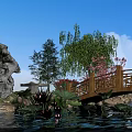 Serene Waterfront Landscape With Lotus Flowers Wooden Bridge Willow Trees And Rock Formations