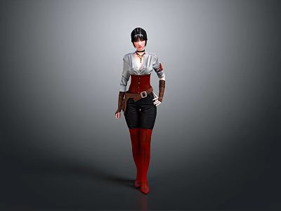 Game Movie Character With Black Short Hair White Top Red Corset Brown Gloves Red Boots 3d model