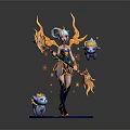 Mythical Female Character With Golden Wings Magic Staff And Small Creatures On Blue Aura Base